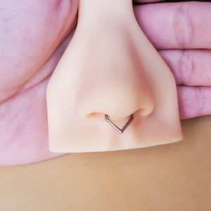 Puede incluir: Primer plano de un piercing en la nariz con un anillo de corazón plateado.