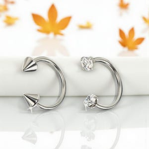 May include: Two silver-colored, curved barbell earrings. One pair features conical spikes at the ends, while the other has clear, sparkling gemstones. The earrings are displayed on a white surface with blurred orange leaves in the background.