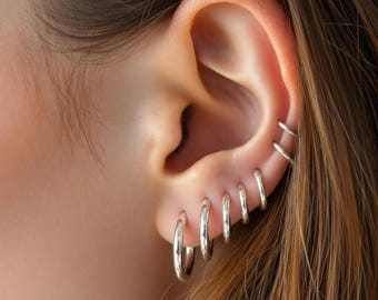 5 Pair Small Silver Huggie Hoops, 6mm 8mm 10mm Sterling Silver Earrings, Cartilage Helix Daith Tragus Piercing Jewellery, Minimalist Ear Set