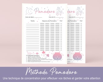 Peut inclure: Un tracker de minuterie Pomodoro imprimable avec un schéma de couleurs rose et bleu. Le tracker présente une lune croissante, des cristaux et un chaudron. Le texte sur le tracker indique "Pomodoro" et "Sessions de Pomodoro". Le tracker est conçu pour aider les utilisateurs à suivre leurs sessions de travail et leurs pauses en utilisant la technique Pomodoro.