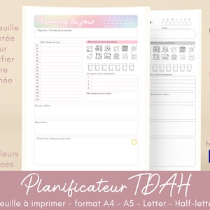 Hojas de planificación para el TDAH, planificador diario en francés, PDF imprimible, tamaño carta A4, A5 y media carta, 4 colores incluidos