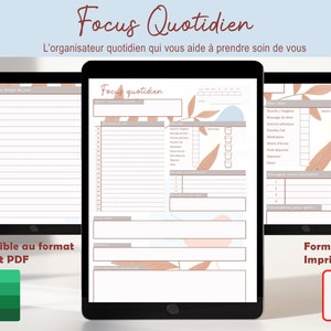 May include: A digital planner with a brown and white floral design. The planner is titled "Focus Quotidien" and includes sections for daily tasks, habits, and goals. The planner is available in Excel and PDF formats.