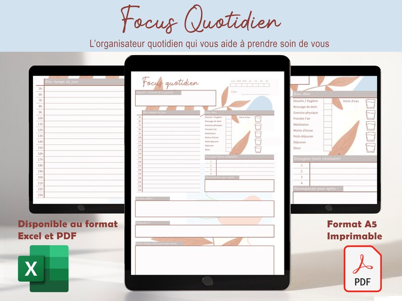 May include: A digital planner with a brown and white floral design. The planner is titled "Focus Quotidien" and includes sections for daily tasks, habits, and goals. The planner is available in Excel and PDF formats.