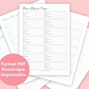 K&ouml;nnte beinhalten: Ein druckbares Passwort-Logblatt mit dem Titel "M&eacute;mo Mots de Passe" auf Franz&ouml;sisch. Das Blatt ist in Abschnitte f&uuml;r Website, Benutzername, E-Mail und Passwort unterteilt. Das Blatt soll Benutzern helfen, ihre Online-Konten zu verfolgen.