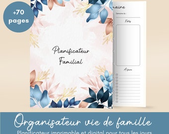 Könnte beinhalten: Ein druckbarer und digitaler Familienplaner mit einem floralen Design aus blauen, rosa und goldenen Blättern. Der Planer verfügt über einen Bereich für Notizen, eine To-Do-Liste und einen Wochenkalender. Der Text "Planificateur Familial" befindet sich in der Mitte des Bildes.
