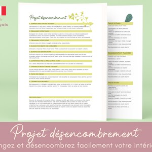 May include: A printable worksheet in French and English with the title "Project Decluttering" and the subtitle "Organize and declutter your home easily". The worksheet provides a step-by-step guide to decluttering different areas of the home, including the bathroom, closets, and playroom.