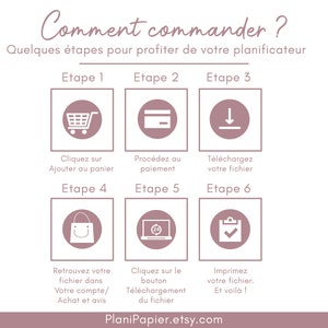 May include: A six-step guide on how to order a printable planner. The steps are illustrated with icons: a shopping cart, a credit card, a download arrow, a shopping bag, a clock, and a checkmark. The text reads: "Comment commander? Quelques &eacute;tapes pour profiter de votre planificateur. Etape 1, Etape 2, Etape 3, Etape 4, Etape 5, Etape 6. Cliquez sur Ajouter au panier. Proc&eacute;dez au paiement. T&eacute;l&eacute;chargez votre fichier. Retrouvez votre fichier dans Votre compte/Achat et avis. Cliquez sur le bouton T&eacute;l&eacute;chargement du fichier. Imprimez votre fichier. Et voil&agrave;! PlaniPapier.etsy.com"