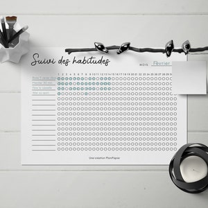 May include: A printable habit tracker with a black and white design. The tracker includes a calendar for the month of February and a list of habits to track, such as drinking 5 glasses of water daily, walking 30 minutes, taking a shower, and doing sports. The tracker is a printable PDF and is a creation of PlanPapier.