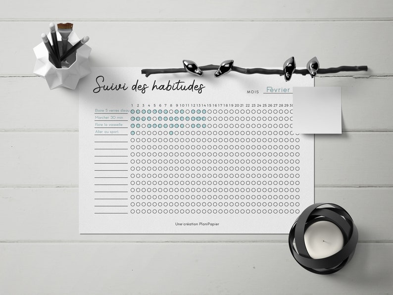 May include: A printable habit tracker with a black and white design. The tracker includes a calendar for the month of February and a list of habits to track, such as drinking 5 glasses of water daily, walking 30 minutes, taking a shower, and doing sports. The tracker is a printable PDF and is a creation of PlanPapier.