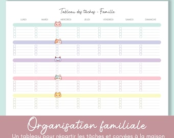 Peut inclure: Un tableau de tâches imprimable avec un schéma de couleurs bleu clair, violet, rose et jaune. Le tableau est divisé en sept colonnes pour chaque jour de la semaine, avec un espace pour chaque tâche. Le tableau est décoré de jolis chats de dessin animé.