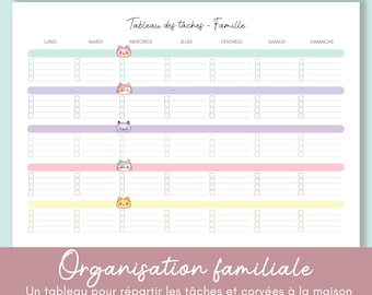 Tableau familial organisation des tâches et corvées, feuille A4 à imprimer, planning pour toute la famille, nettoyage, rangement, devoirs