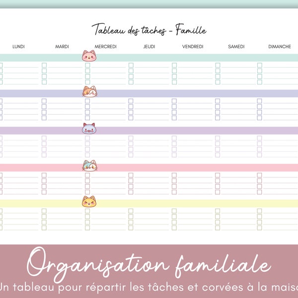 Tableau familial organisation des tâches et corvées, feuille A4 à imprimer, planning pour toute la famille, nettoyage, rangement, devoirs