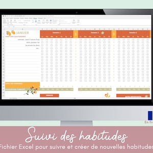 Può includere: Uno schermo di computer che mostra un foglio di calcolo con un calendario di gennaio e un elenco di abitudini quotidiane da tenere traccia. Il foglio di calcolo ha caselle di controllo per ogni giorno del mese. Il testo "HABITUDES QUOTIDIENNES" è nella parte superiore del foglio di calcolo. Il testo "Suivi des habitudes" è nella parte inferiore dello schermo. Il testo "Fichier Excel pour suivre et créer de nouvelles habitudes" è sotto il testo "Suivi des habitudes". Il testo "En français" è nell'angolo in basso a destra dello schermo.
