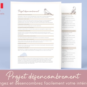 Op de afbeelding: Een printbare gids met tips om uw huis op te ruimen. De gids is in het Frans en bevat een vogel-illustratie. De tekst bevat de titel "Projet désencombrement" en de zin "Rangez et désencombrez facilement votre intérieur".