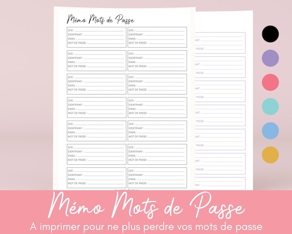Fiche mot de passe en français à télécharger, Imprimer ou Compléter sur votre ordinateur, feuille PDF, Mémo, Pense-bête, format A4 -A5