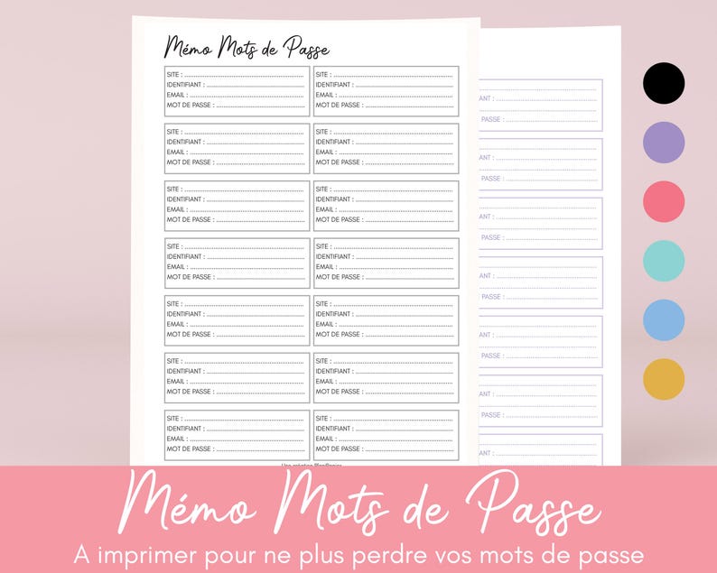 K&ouml;nnte beinhalten: Ein druckbares Passwort-Logblatt auf Franz&ouml;sisch. Das Blatt hat einen Titel, der "M&eacute;mo Mots de Passe" lautet, und den Text "A imprimer pour ne plus perdre vos mots de passe". Das Blatt ist in Abschnitte f&uuml;r Website, Benutzername, E-Mail und Passwort unterteilt.