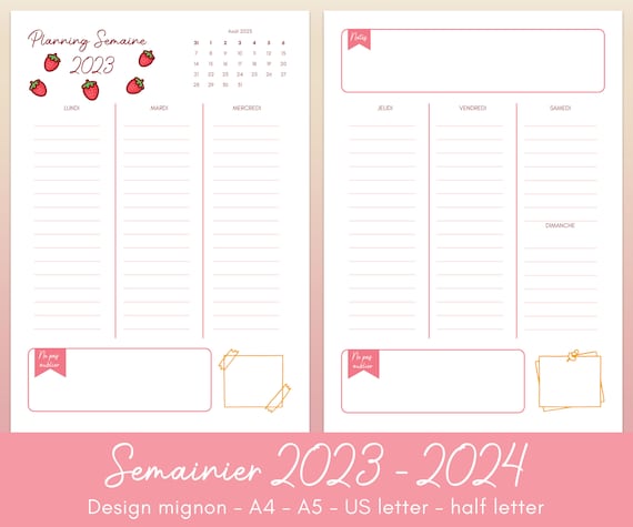 Printable 2023 2024 Agenda Weekly Agenda 2024 French Agenda 2024 Weekly  Agenda in French French Planner A5, A4 PDF 