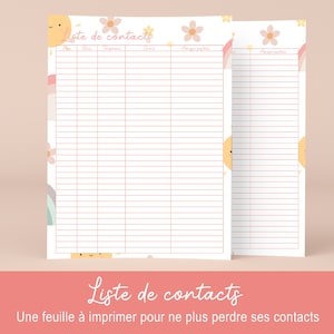 May include: A printable contact list with a cute, colorful design featuring rainbows, flowers, and suns. The list includes columns for name, phone number, email, and notes.