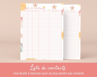 May include: A printable contact list with a cute, colorful design featuring rainbows, flowers, and suns. The list includes columns for name, phone number, email, and notes.