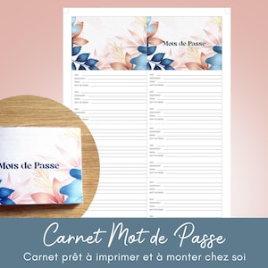 Pode incluir: Caderno de registro de senhas imprimível com um design floral com flores azuis e rosas. A capa tem o texto "Mots de Passe", que se traduz como "Senhas" em português.