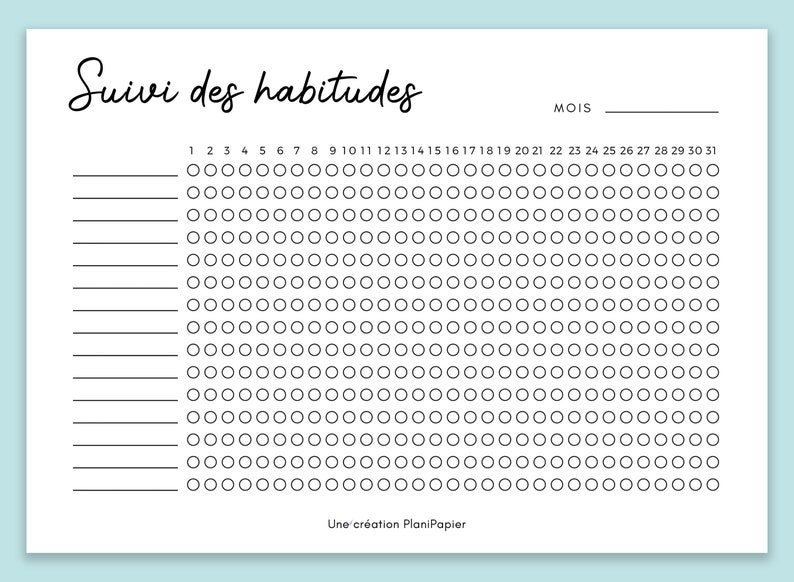 May include: A printable habit tracker with a black and white design. The tracker has a section for the month and 31 days. The tracker has 15 rows for different habits.