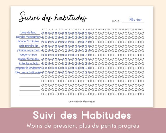 Feuille de Suivi des habitudes mensuel, Traqueur d'habitudes, Santé mentale, Planificateur d'objectifs, fichier PDF imprimable noir & blanc
