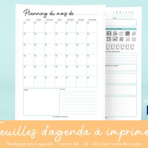 Peut inclure: Un planificateur mensuel imprimable en français avec une grille de calendrier, une section de notes et une liste de choses à faire. Le planificateur comprend des icônes pour les routines quotidiennes et un espace pour les notes.