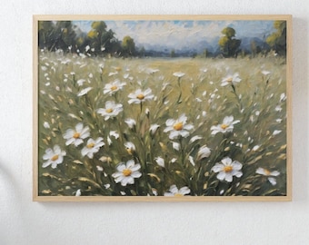 Arte de pared de pintura al óleo de flores silvestres de primavera amarilla blanca, Descarga digital de decoración de primavera vintage, Campo de campo de flores silvestres imprimible, Antiguo