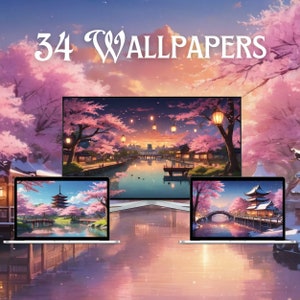 Puede incluir: Una exhibición de arte digital con tres pantallas que muestran fondos de pantalla de paisajes de inspiración japonesa. Las pantallas incluyen un monitor grande y dos computadoras portátiles, todas mostrando escenas serenas de flores de cerezo, pagodas y reflejos de agua. El texto "34 WALLPAPERS" está en la parte superior.
