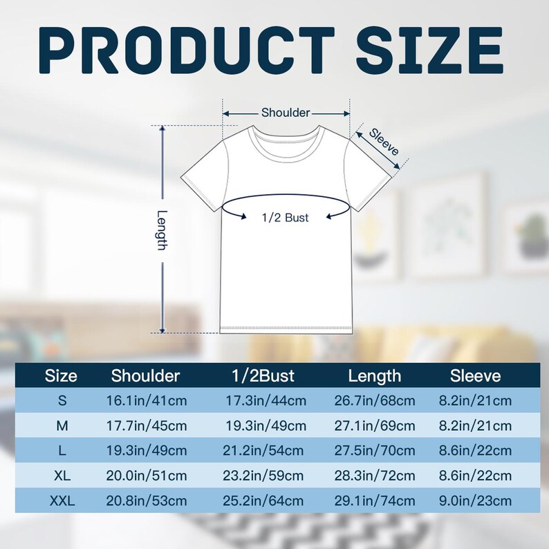 Puede incluir: Tabla de tallas de productos para una camiseta. La tabla incluye tallas de la S a la XXL, con medidas de ancho de hombros (41cm a 53cm), 1/2 busto (44cm a 64cm), largo (68cm a 74cm) y largo de manga (21cm a 23cm).