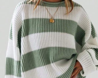 Green Women's Sweater Charming, essential cosy oversized striped sweater, round neck pullover autumn winter, home sweater knitting pattern