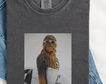 Chewbacca surfing comfort colors shirt movie meme tee, gift for movie fans, funny 90s star wars, graphic sci-fi retro vintage parody shirt