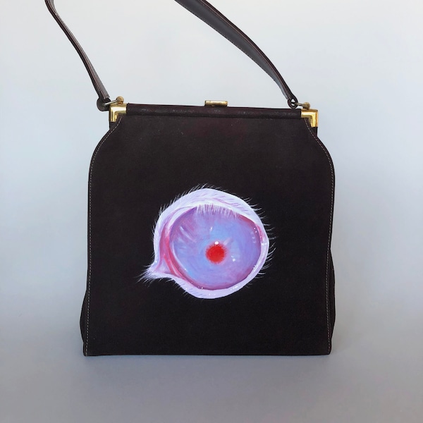 Unblinking Eyeball hand painted bag, painted purse, vintage purse, upcycled bag, gore lover, horror lover, brown suede bag, animal eye