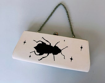 Beetle Silhouette Hand Painted Bag, Vintage Handbag, Purse, Goth