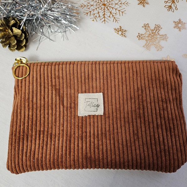 Trousse pochette velours côtelé marron tabac terracotta