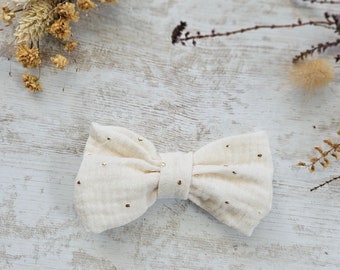 Double gauze white cotton bow tie bar with gold polka dots