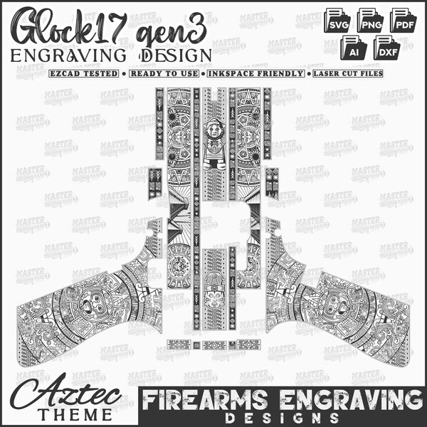Glock17 Gen3 Firearms engraving design, Aztec tribal theme pattern engraving laser design files, Aztec files, Glock gun aztec files svg ai