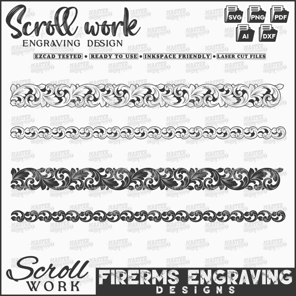 Scroll engraving designs for firearms, vector scroll work, scroll gun engraving design files, scroll designs svg dxf ai png