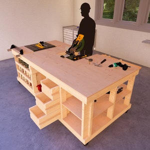 DIY ワークショップ家具、木工プラン、モバイル ツール カート、マイター ソー スタンド、省スペース ワークショップ プラン、ガレージ ワークショップ オーガナイザー