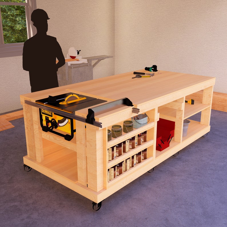 May include: A wooden workbench with a black and yellow table saw mounted on the side. The workbench has shelves for storage and is on wheels. The workbench is made of unfinished wood and has a natural wood finish.