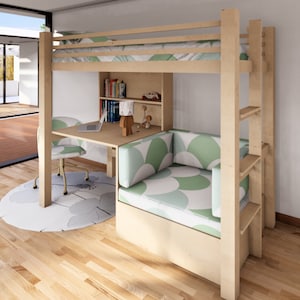 Multi Functional Bunk Bed DIY Plan, Study Desk, Couch, and Bed Combo, Transformative Bunk Bed Blueprint, SpaceSaving Kid s Room Solution image 3