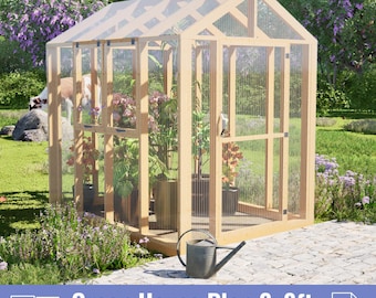 May include: A wooden greenhouse plan, 6x8ft, with clear panels and a gabled roof. The structure is filled with potted plants. A watering can sits in front. The text reads "Green House Plan 6x8ft" and "IMPERIAL & METRIC".