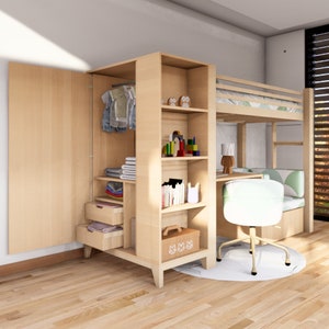Versatile Bunk Bed Plans for Kids, Integrated Study Desk & Wardrobe, Space-Saving All-in-One Bunk Bed with Cozy Couch