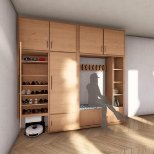 DIY Entry Shoe Storage Bench with Cabinet, Stylish & Multi Functional Cabinet Design for Shoes, Open Shelves, and Robot-Friendly Space