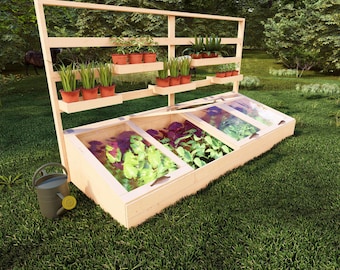 May include: A wooden cold frame with a glass lid and a shelf for plants. The cold frame is sitting on a green lawn. There are plants growing inside the cold frame and on the shelf.