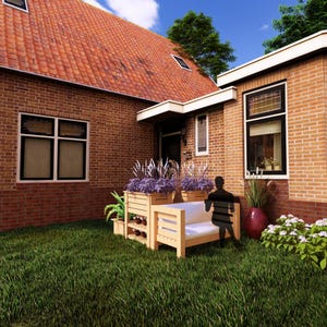 May include: A wooden bench with a white cushion sits in front of a brick house with a flower planter. The bench is made of natural wood and has a simple design. The planter is filled with purple flowers and is also made of wood.