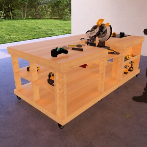 May include: A wooden workbench with a miter saw, power tools, and shelves for storage. The workbench has wheels for easy mobility.