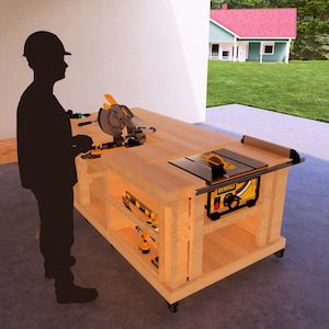 May include: A wooden workbench with a black and yellow DeWalt table saw and a black and yellow miter saw. The workbench has shelves for storage and is on wheels.