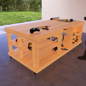 May include: A wooden workbench with shelves and wheels, featuring a variety of power tools, including a circular saw, drill, and sander. The workbench is made of natural wood and has a light brown finish.