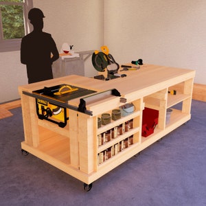 May include: A wooden workbench with a table saw, shelves, and storage bins. The workbench is on wheels and has a light wood finish.